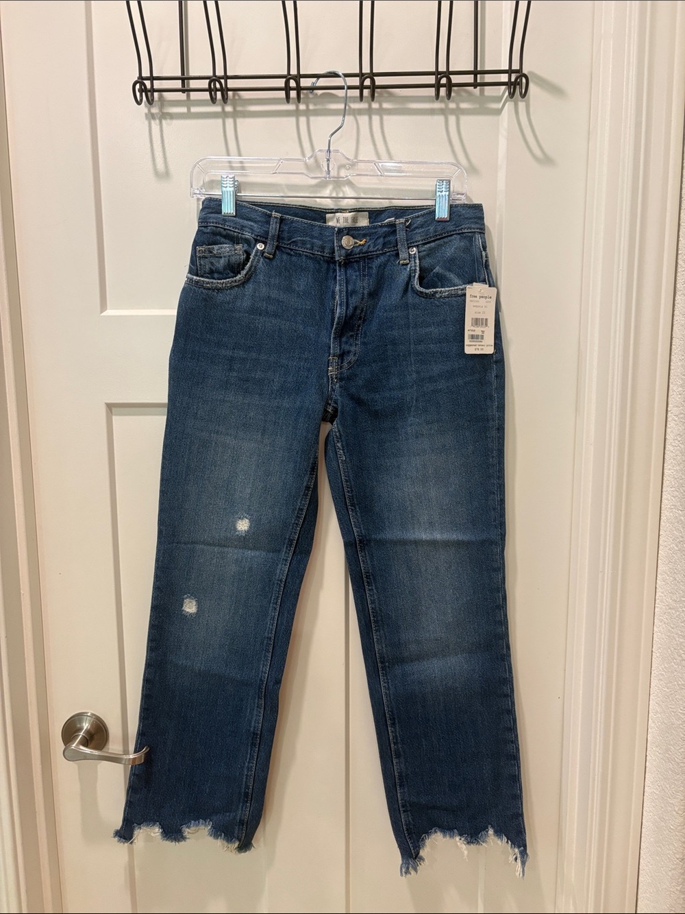 Free People Medium Blue High-Rise Straight Crop Jeans